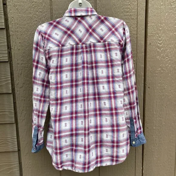 Women’s size small plaid flannel pearl snap shirt wild blues - Picture 2 of 2